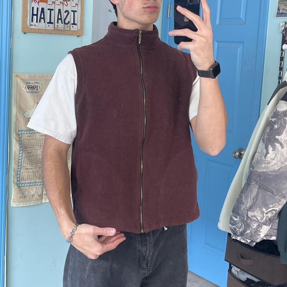 Vintage Recycled Brand Burgundy Wool‎ Zip Vest Size L Made USA